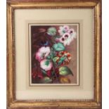 A 19th century English porcelain rectangular plaque painted with petunia, fuchsia and passion