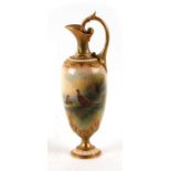 A Royal Worcester porcelain ewer decorated with pheasants, signed 'E Barker', 23cms high. (a/f)