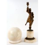 An early 20th century alabaster and gilt spelter figural table lamp, 65cms high.