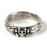 A WWII German SS Officer's death head style silver ring with Swastika runic insignia of the