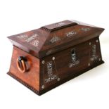 An early 19th century mother of pearl inlaid rosewood sarcophagus tea caddy, 35cms wide.