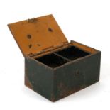 A late 19th century Morden & Co. London steel miniature strong box with two lift-out trays and