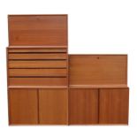 Attributed to P S Mobler, Danish, a 1970's modular wall mounted system comprising drawers, bureau