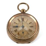 A brass cased open faced railway pocket watch, the silver dial with Roman numerals and subsidiary