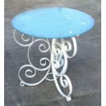 A painted wrought iron and glass occasional table, 56cms diameter.