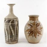 A Burley Studio pottery bottle vase, 40cms high; together with a similar baluster vase, 30cms high.