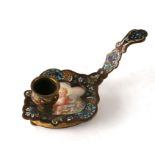 A 19th century French bronze champlevé enamel chamberstick, 15cms wide.