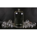 A glass bell jar and stand; together with a collection of scientific glassware; a jug & bowl set;