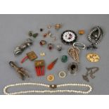 A quantity of costume jewellery to include a silver and enamel brooch and a pair of silver screw-