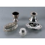A silver inkwell, Birmingham 1904; together with a silver topped glass box, a silver eggcup and
