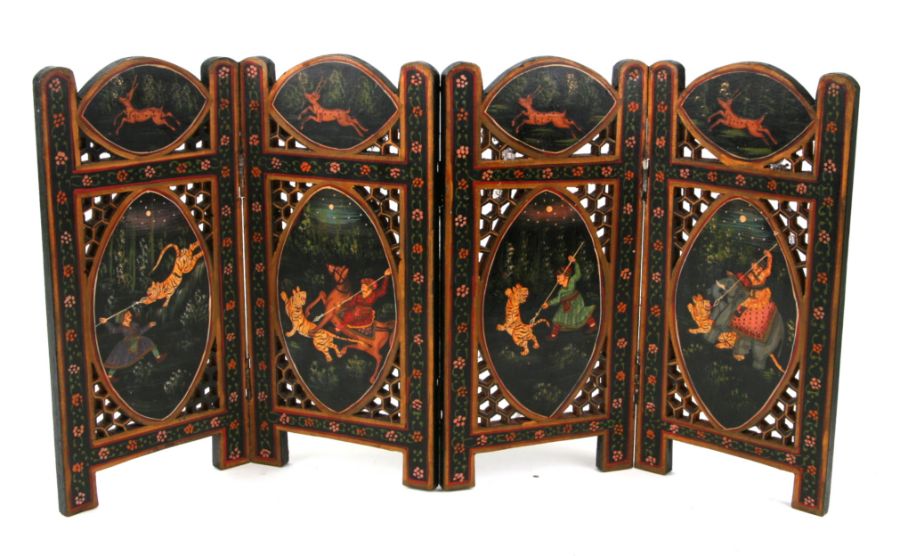 An Indo-Persian pierced four-fold miniature table screen decorated with tiger hunt scenes within a - Image 2 of 2