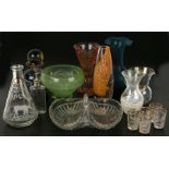 A Mdina Art glass scent bottle; together with an Art Deco pressed pink glass vase and other items.