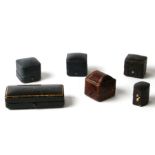 A group of antique leather jewellery boxes to include ring boxes and a cufflink box (6).