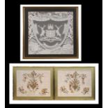 Two bullion wire silk embroidered panels, framed & glazed, 38 by 30cm together with a lace work