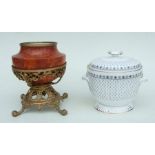 A Spode ice bucket and cover, 23cms high; together with a Doulton pottery oil lamp base on a gilt