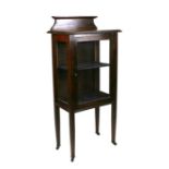 An Edwardian stained walnut display cabinet with single glazed door enclosing a shelved interior, on