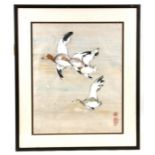 Japanese school - Ducks in Flight - red seal mark lower right, watercolour, framed & glazed, 37 by