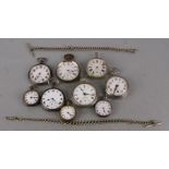 A group of open faced pocket and fob watches; together with two silver plated Albert pocket watch