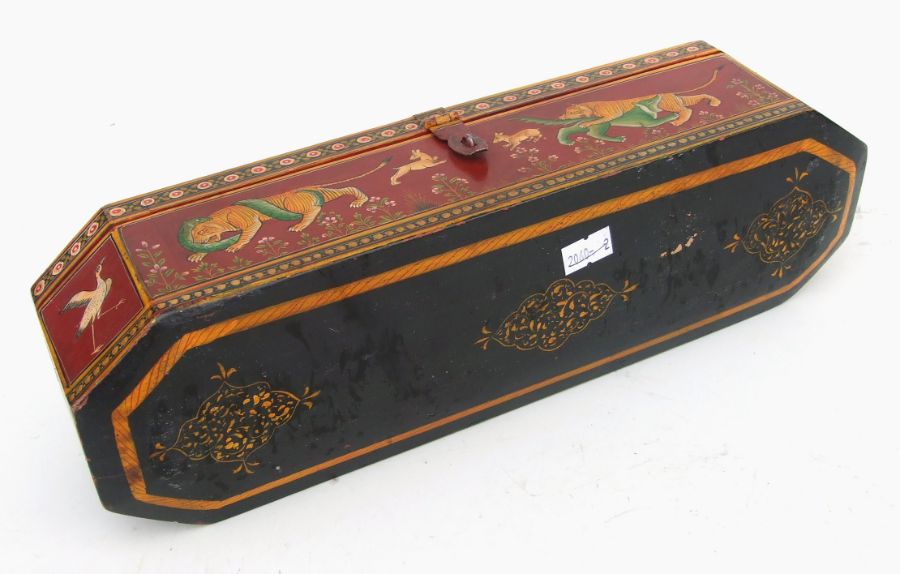 An Indian pen box of elongated octagonal form painted with figures and animals, 33cms wide. - Image 3 of 4