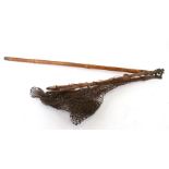 An early 20th century bamboo handled folding landing net with brass mounts, 81cms long folded.