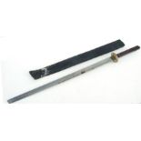 A decorative Asian sword with steel blade and hardwood handle, 95cms long.