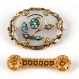 A Victorian unhallmarked high carat gold bar brooch; together with an agate panel brooch set with