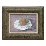 Maddelana Pacini - Apple and Plate - tempura on gesso board, signed lower left, framed & glazed,