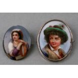 A continental porcelain portrait miniature brooch depicting a young girl wearing a green hat, 4 by