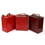 Three 2 gallon petrol cans for Shell-Mex, Esso and BP, all with brass caps (3).