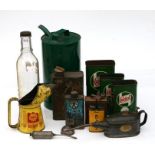 A Duckhams quart glass oil bottle and other vintage oil cans and pourers to include Castrolite, a