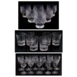 A set of six lead crystal whisky tumblers and other glassware.