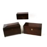 A Victorian mahogany tea caddy, 22cms wide; together with two similar tea caddies with gutted