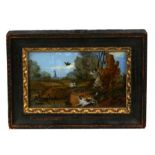 A 19th century tinsel picture depicting a duck hunting scene, framed & glazed, 11.5 by 7cms.