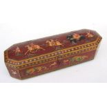 An Indian pen box of elongated octagonal form painted with figures and animals, 33cms wide.