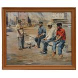 L D Carmichael (20th century school) - Continental Harbour Scene with Figures Chatting - signed