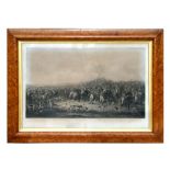 A 19th century engraving - The Bedale Hunt - framed & glazed in a birds eye maple frame, 72 by