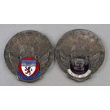 Two vintage St Christopher car bar badge 'Devon' and 'Cancer', 8cms diameter (2).