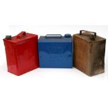 Three 2 gallon petrol cans for Esso, National Benzol Mixture and Esso, all with original caps (3).