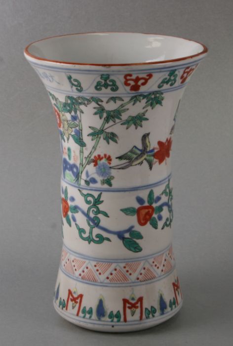 A Chinese Ducai style sleeve vase decorated with birds, flowers and bamboo, six character blue - Image 2 of 2