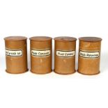 A set of four pressed cardboard chemist's jars with turned wooden tops and bases, each 20cms high (
