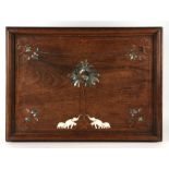 A hardwood tray inlaid with mother of pearl and ivory, depicting elephants under a tree. 60cms