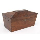 A William IV rosewood tea caddy of sarcophagus form (lacks interior), 30cms wide.