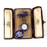 A late 19th century Swiss silver gilt and enamel case open faced fob watch on ribbon bow brooch,