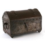 An Arts & Crafts style steel dome top casket with ring handles and strapwork decoration, 26cms