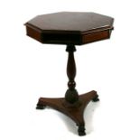 A 19th century octagonal form drum table on turned column and tripod base, 54cms diameter.