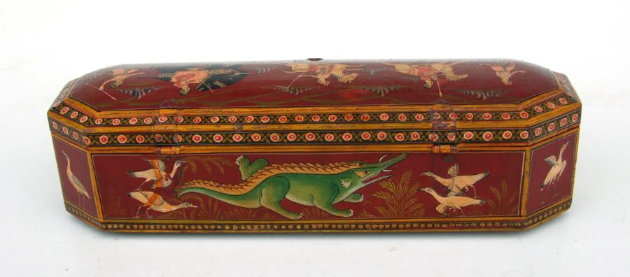 An Indian pen box of elongated octagonal form painted with figures and animals, 33cms wide. - Image 4 of 4