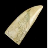 A 19th century sailor's scrimshaw whale tooth finely engraved with an American flag, a ship's anchor