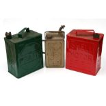 Two two gallon petrol cans for Pratts and Shell, both with brass caps; together with a 1 gallon Esso