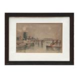 Farrini (?) - River Scene with Central Bridge and Boats - signed lower right, watercolour,