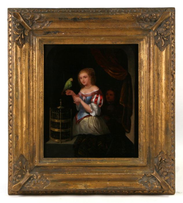 Follower of Casper Netcher - Girl with a Parrot within a Room Setting - in the 17th century style,